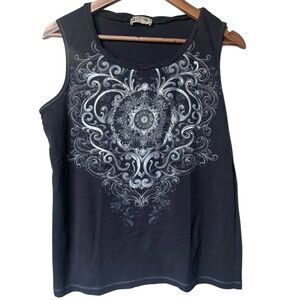 Vintage Blue Canyon Mandala Graphic Tank Top – Black & Silver – Women’s Size L